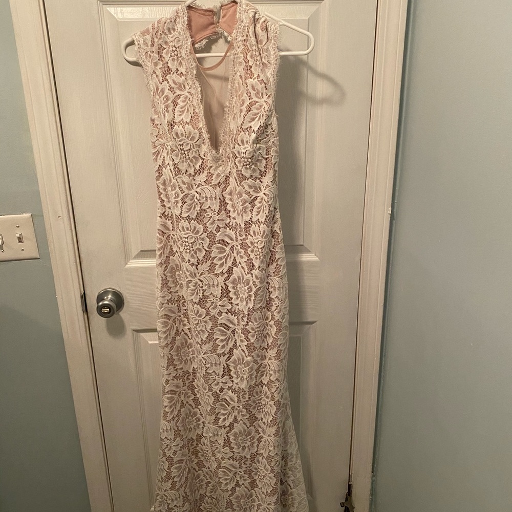 White Lace Illusion Lace V-Neck Gown